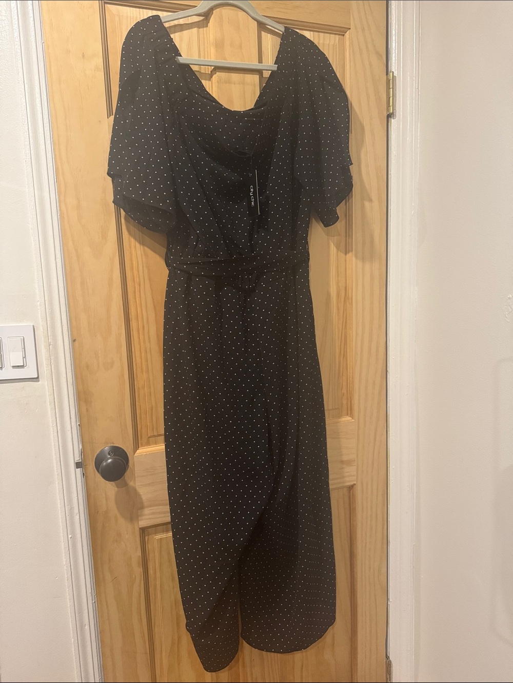 City Chic Black Polka Dot Midi Dress with Flutter Sleeves